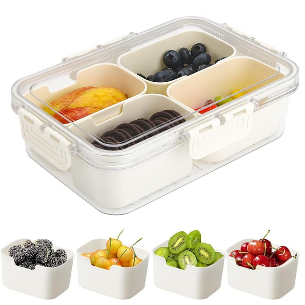 Food Snacks Packaging - ポータブル食品保存箱、スナック収納ボックス、蓋付き4つのコンパートメント、独立したサービングトレイ、キッチン用スナックボックス、フルーツフードコンテナ