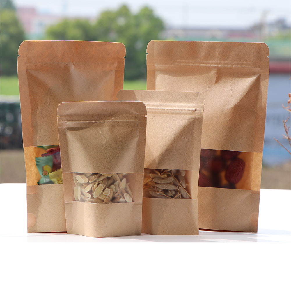 Food Snacks Gifts - ジッパー付きクラフト紙収納バッグ,窓,食品,スナック,お茶,スタンド,セルフシール,結婚式,家庭,キャンディー,ギフト包装,ポーチ