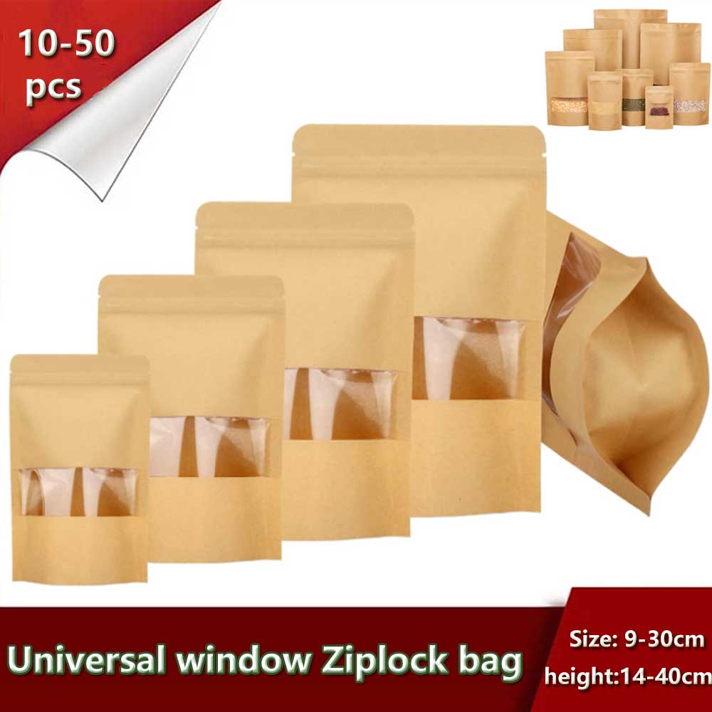 Food Or Snacks - ジッパー付きクラフト紙ウィンドウバッグ,10〜50個,ポーチ,クッキー,ナッツ,スナック,お茶用のセルフシールバッグ