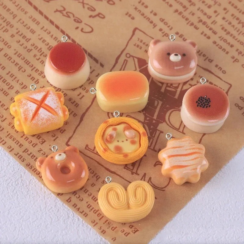 Food Snacks For Party - 10 個かわいいクマのプリンタルトパン食品樹脂チャームシミュレーションスナックペンダント DIY ジュエリー用品