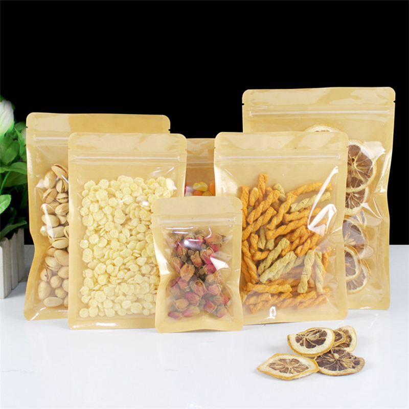 Food Or Snacks - ブラウン片面クリア再密封可能なプラスチック窓クラフト紙平底ジップロックバッグスナックコーヒー香りのお茶ギフトポーチ