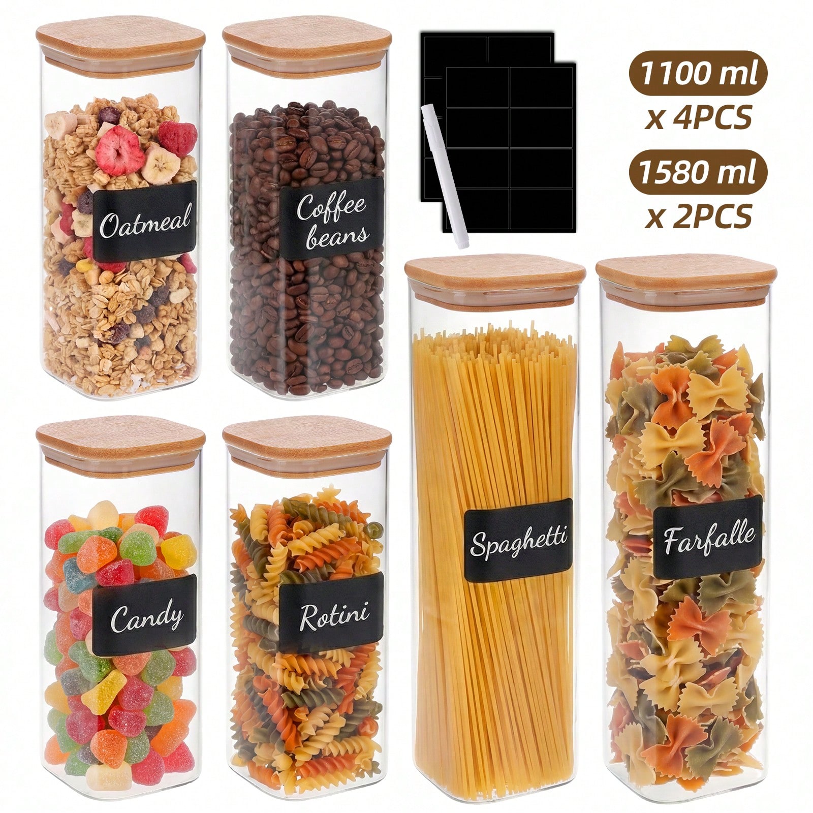 ガラス製食品保存容器 竹製密閉蓋付き 12個セット 2サイズ - Snacks Food Labels のレビューと価格